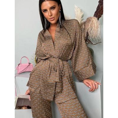 Piżama damska z nadrukiem swobodnym, luźny szlafrok z sznurowaniem, koszula nocna, kołnierzyk, spodnie z wysokim stanem, bielizna nocna, damski garnitur