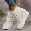 Floral Embroidered Wedge Woven Shoes for Women Autumn Lace Up High Top Casual Shoes Woman Size36-42 Fashion Platform Pumps