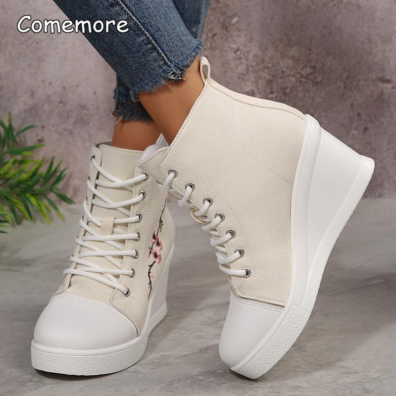 Floral Embroidered Wedge Woven Shoes for Women Autumn Lace Up High Top Casual Shoes Woman Size36-42 Fashion Platform Pumps