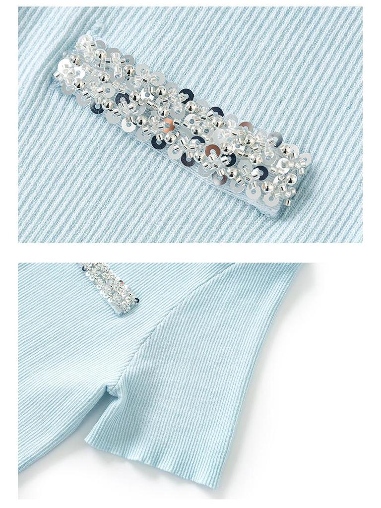 Beaded Sequin Tencel Knit Cardigan with Double Zipper, Short Sleeve & Round Neck