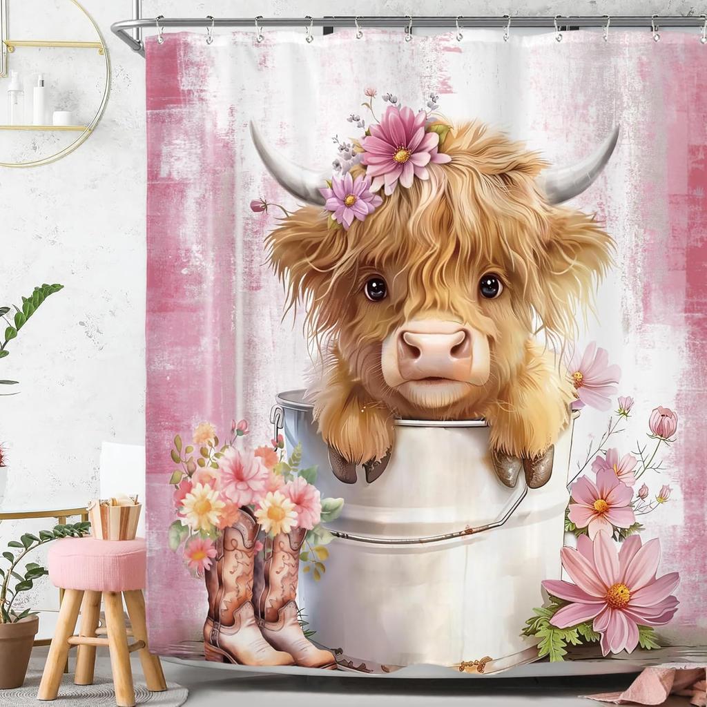 Highland Cow Shower Curtain Rustic Farmhouse Cattle Butterfly Farm Animals Flowers Plants Cowboy Boots Bathroom Decor With Hooks