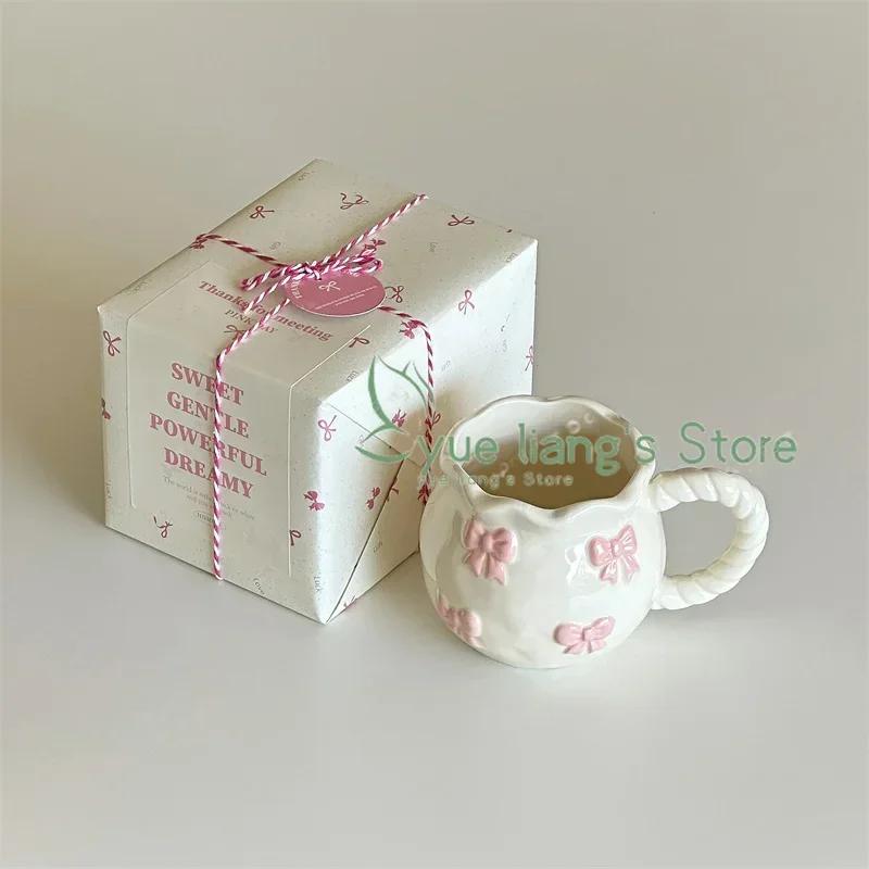 Handmade Irregular Mug, Pink Three-dimensional Bow Coffee Cup, Artistic Niche Mug Gift Ceramic Water Cup