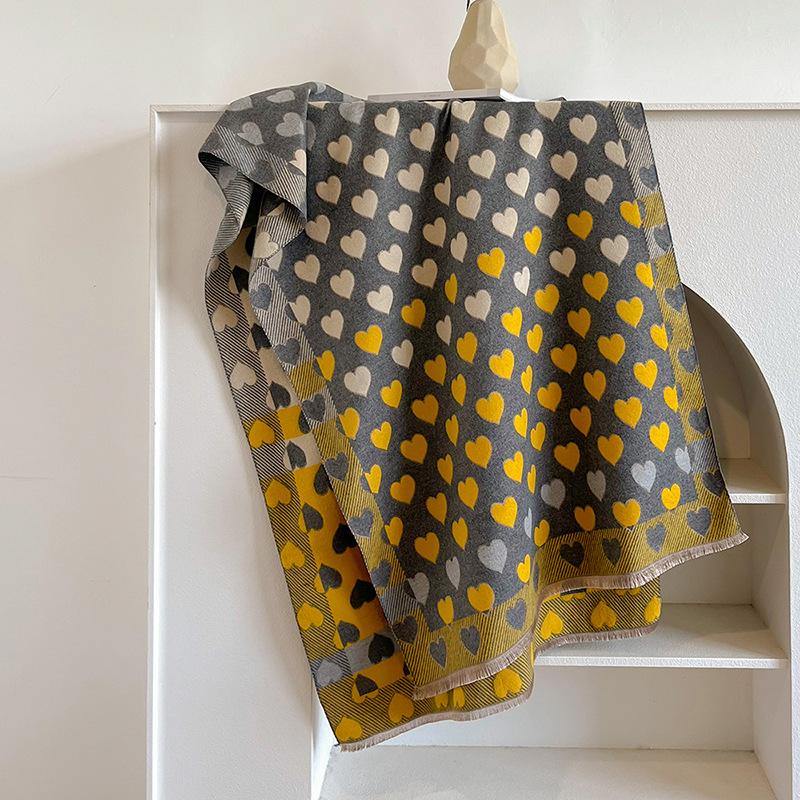 

Двосторонній шарф із сіткою кохання, імітація кашеміру, м’яка тепла шаль з бахромою, осінь, зима, холодостійкий вітрозахисний шарф-ковдра 190*65cm жовтий