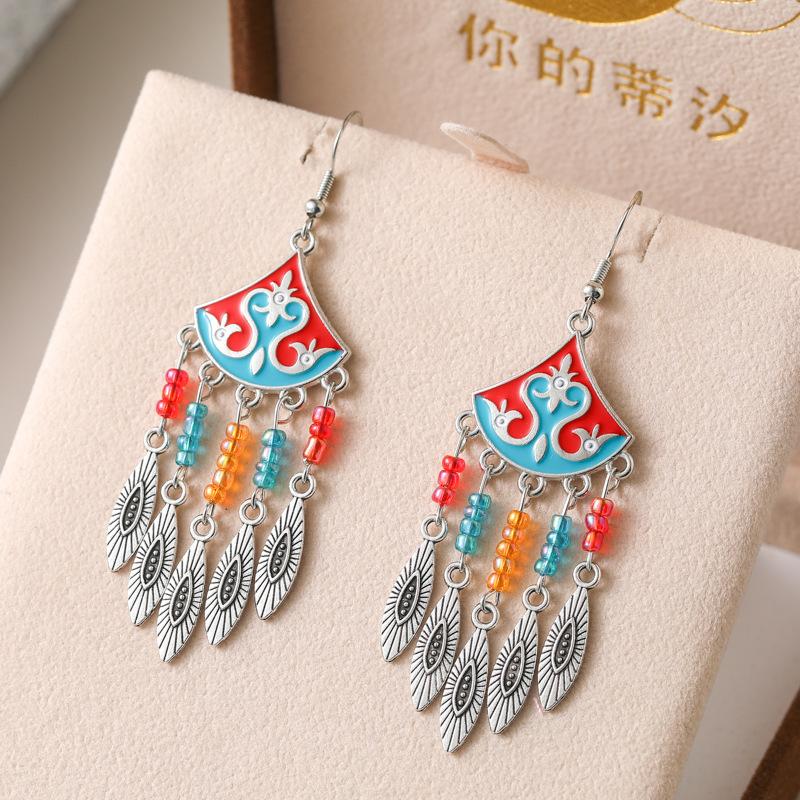 Classical Ethnic Drop Glaze Geometric Earrings for Women Vintage Texture Beaded Dangle Earring Daily Vacation Jewelry