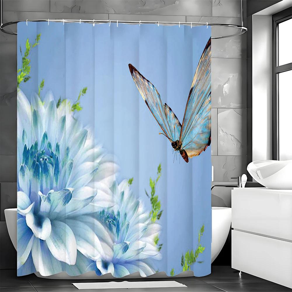 Blue Butterfly Floral Shower Curtain, Bathroom Decorative Shower Curtain, Waterproof Shower Curtain with Hooks