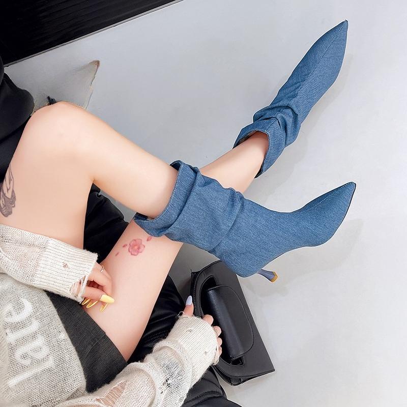 Women's Mid-calf Boots Classic Canvas Denim Boot Fashion Pointed Thin Heeled Boot Pleated Design Women Boots Botas Cowboy Mujer