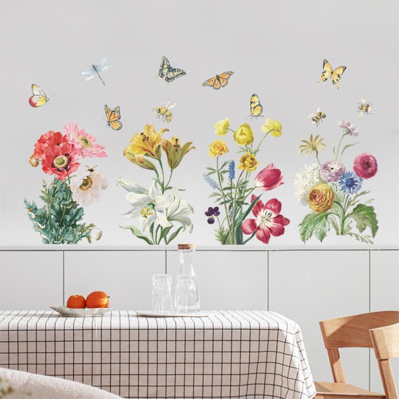 Wall  Sticker, Bright Flower Green Leaf Cluster Colored Butterflies Decoration Painting, Bedroom