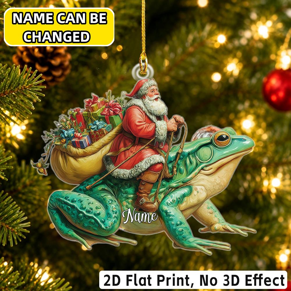 2D Flat‑Custom Name Irregular Acrylic Ornament,Santa Riding Giant Frog Pattern Xmas Tree Hanging Pendant Holiday Gift
