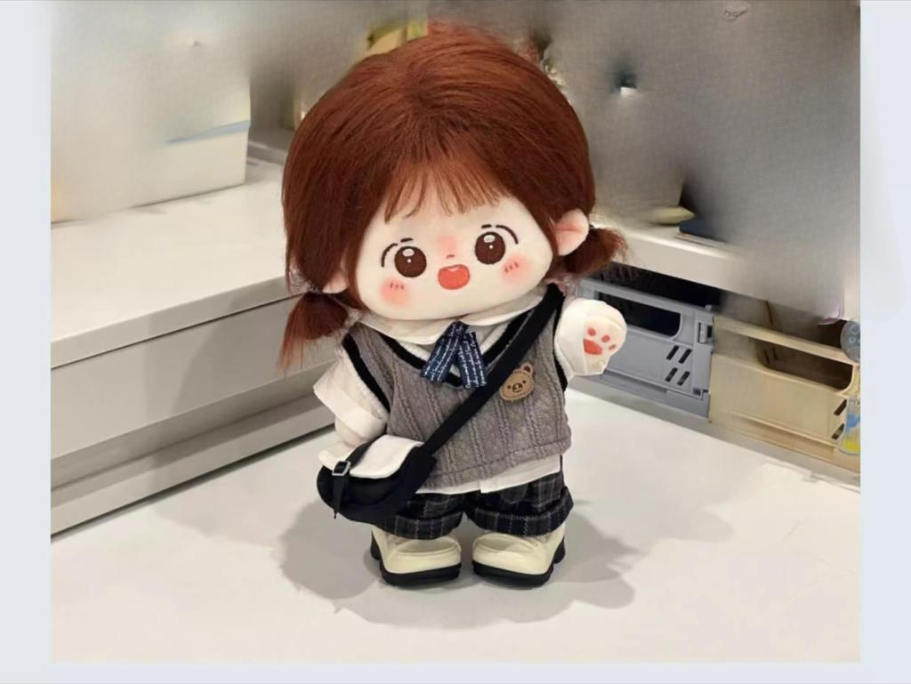 20cm Plush Doll Clothes, Handmade, Stuffed Doll Clothes, 4-Piece School-Style Plush Outfit Set: Vest, Shirt, Ribbon, and Pants (Gray, 20cm) [Used]