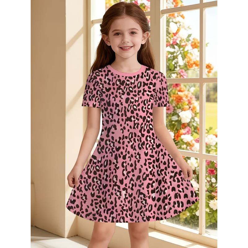 Leopard Print Summer Girls Dress Short Sleeves All Printed Frocks Cute A-Line Princess Dress for Young Girls