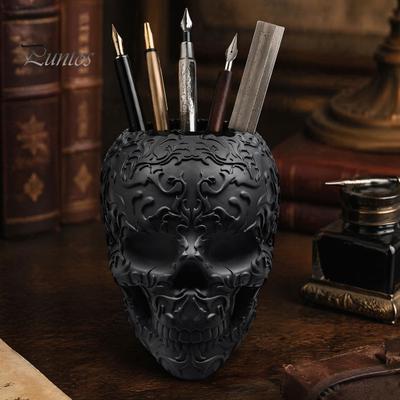 Halloween Raumdeko Schädel Make-up Pinselhalter, Mattschwarz Gotisches Skelett Stifteorganizer Gruselige Heimdekorationen für Schreibtisch, Harz Aufbewahrungsfigur