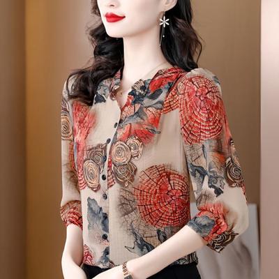 Woman Spring Summer Style Chiffon Blouses Shirts Lady Casual Stand Collar Half Sleeve Printed Blusas Tops