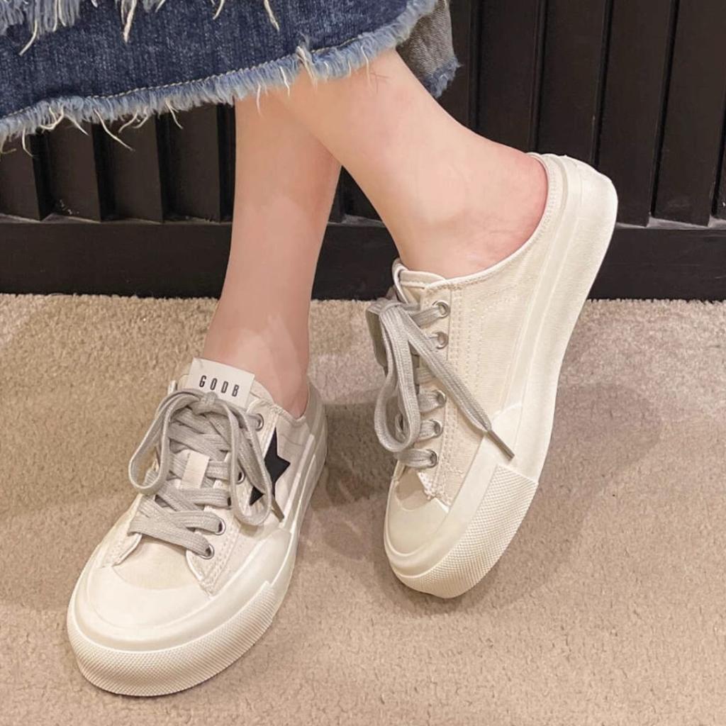 Baotou half slippers women's 2025 new spring outer wear casual canvas shoes without heel versatile lazy platform ins