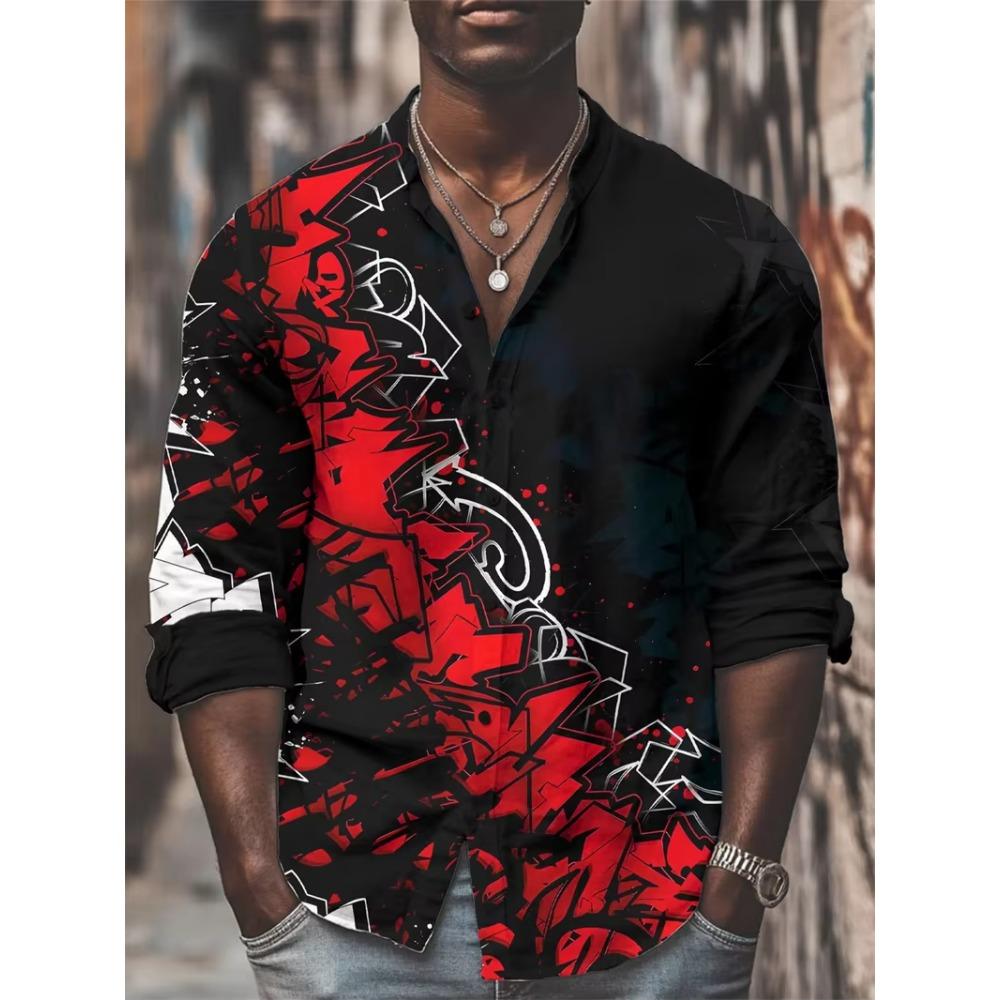 Men's Long Sleeve Shirt Floral Elegant Painted Flower Printed Shirt Men's Fashion Casual Lapel Button Shirt Beach Shirt
