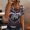 T-shirt da donna a maniche corte con stampa a forma di cuore, spalle scoperte, scollo irregolare con ritaglio, top casual estivo