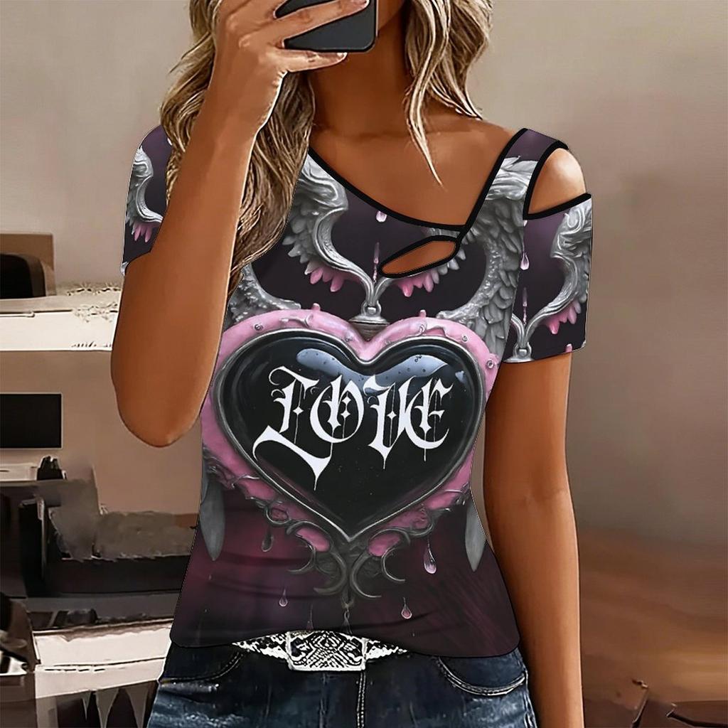 T-shirt da donna a maniche corte con stampa a forma di cuore, spalle scoperte, scollo irregolare con ritaglio, top casual estivo