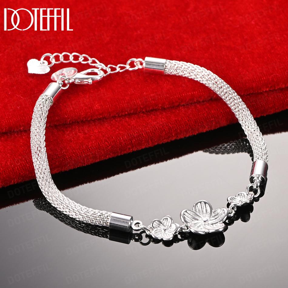 925 Sterling Silver Snake Chain Flower Bracelet Wedding Jewelry