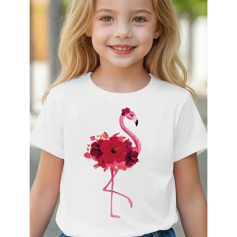 Girls Crewneck Short Sleeve T-Shirt, Cute Flamingo Floral Print 110 белый