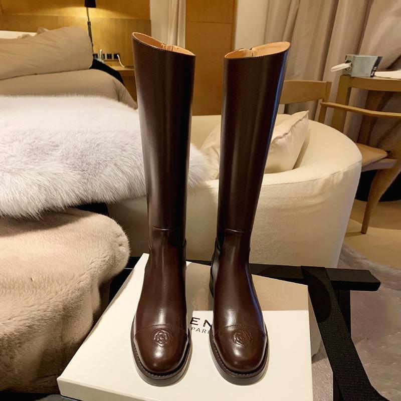 

Cowhide version embroidered leather camellia boots women s knee skinny boots tall boots knight boots 40