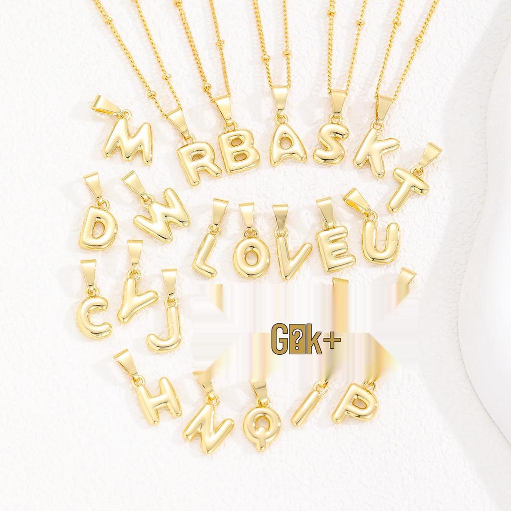 Pozłacany 18-karatowym złotem naszyjnik z mini zawieszką w kształcie litery bąbelkowej - Personalizowany 26 literami alfabetu angielskiego