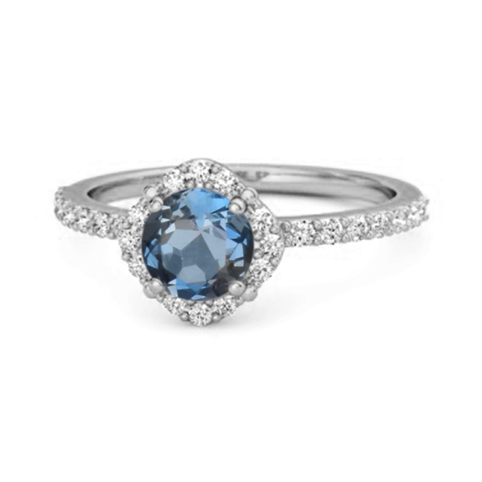London Blue Topaz Floral Halo Pave Ring - 925 Sterling Silver 9.5