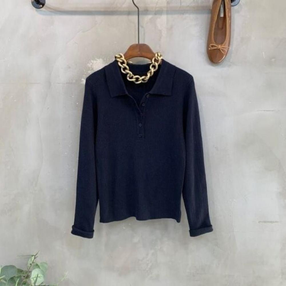 C S In The Room Pura Ribbed Collar Button Long Sleeve Knit 4Color