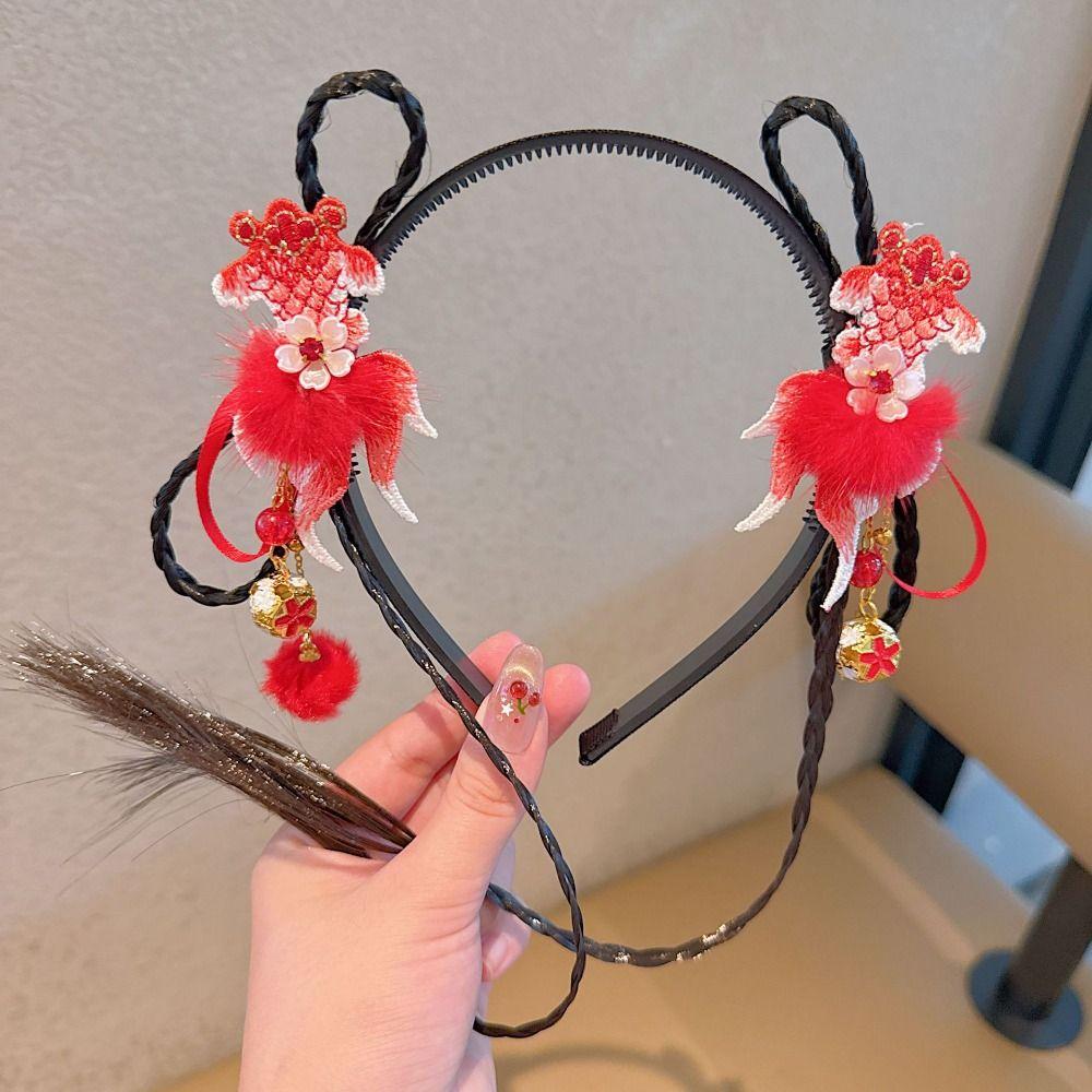Tassel Children Wig Headband Flower Ancient Style Red Hairband Lovely Hanfu Headwear Daily