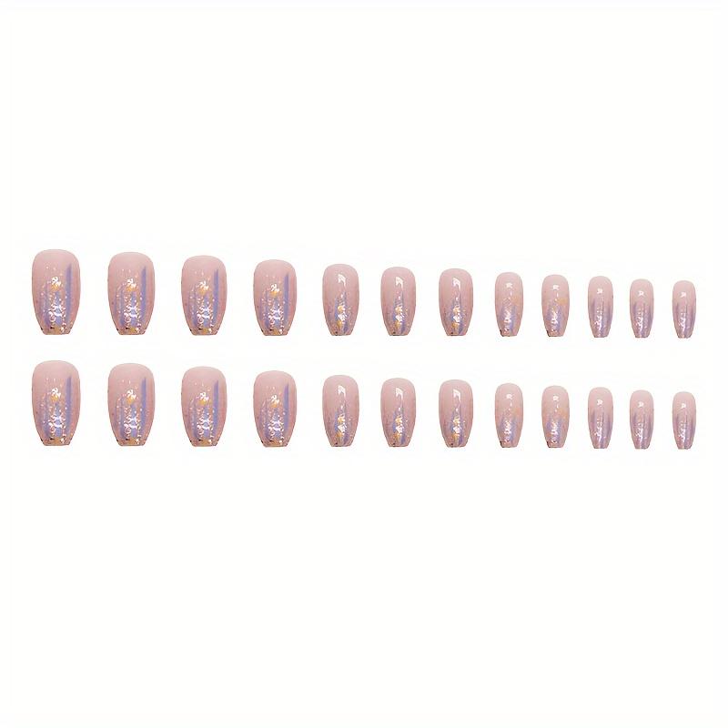 24pcs Short Coffin Ballet Press On Nails, Aurora Purple Gradient Fake Nails With Glitter Sequin,Full Cover False Nails For Women And Girls