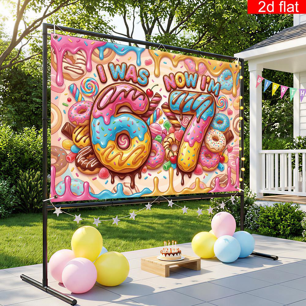 1 Piece 2D Banner | Birthday Party Background, Made of Polyester, Full of Desserts - "I Was 6 Years Old, Now I'm 7 Years Old"