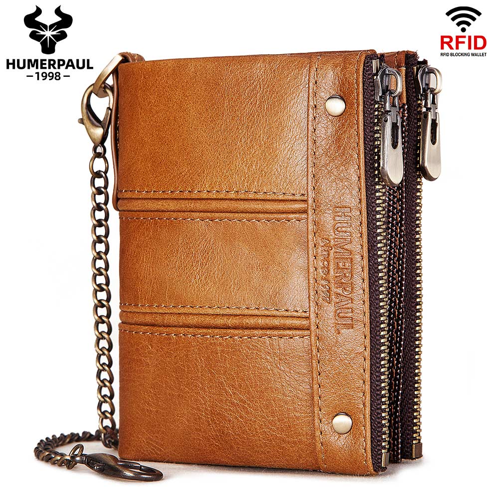 Humerpaul Genuine Leather Bifold Wallet For Men Slim RFID Blocking Credit Card Holder Credential Purse Zipper Coin Purse Male Money Bag