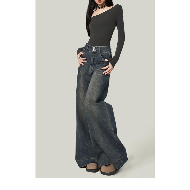 Jeans Reto Desgastado Retro Plus Size Feminino Calças Novas Femininas Design de Cintura Alta Calças de Perna Larga