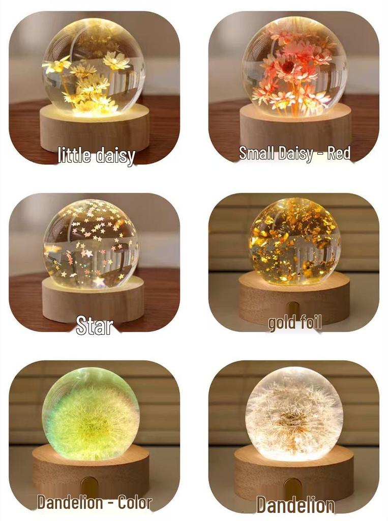 Dandelion Crystal Ball Night Light with Preserved Flower 3D Carving Luminous Resin Ornament.