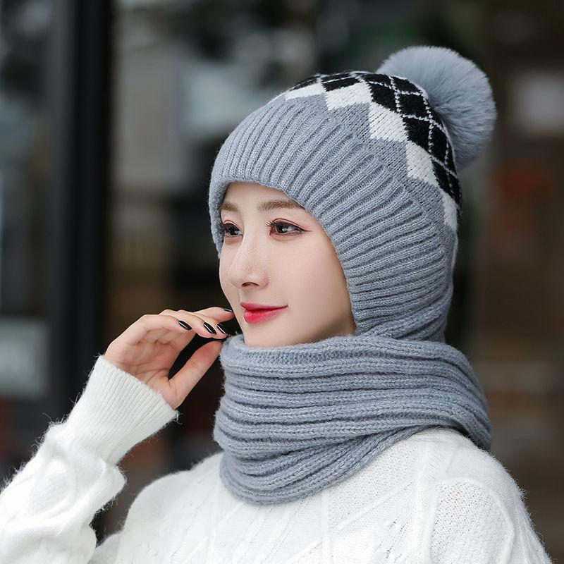 Hat Women's Winter Woolen Hat with Plush and Warm Scarf Integrated Hat Korean Versatile Ear Protection Knitted Hat Women's Hat