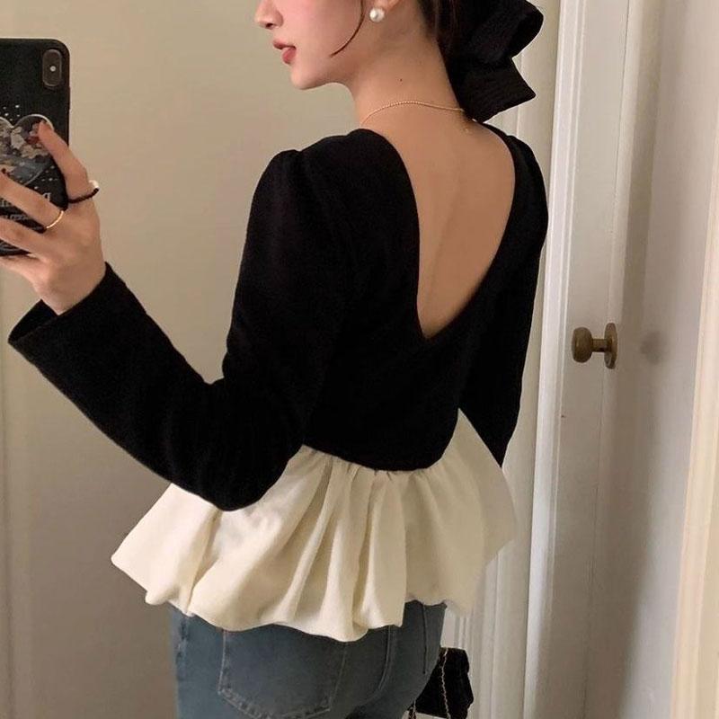 O-Neck Elegant Backless Blouse Women's Contrasting Colors Spliced Ruffles Spring Autumn Long Sleeve Waist Shirt