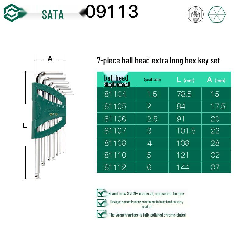 SATA Extra Long Ball End Hex Key Set, 7-Piece Special Length