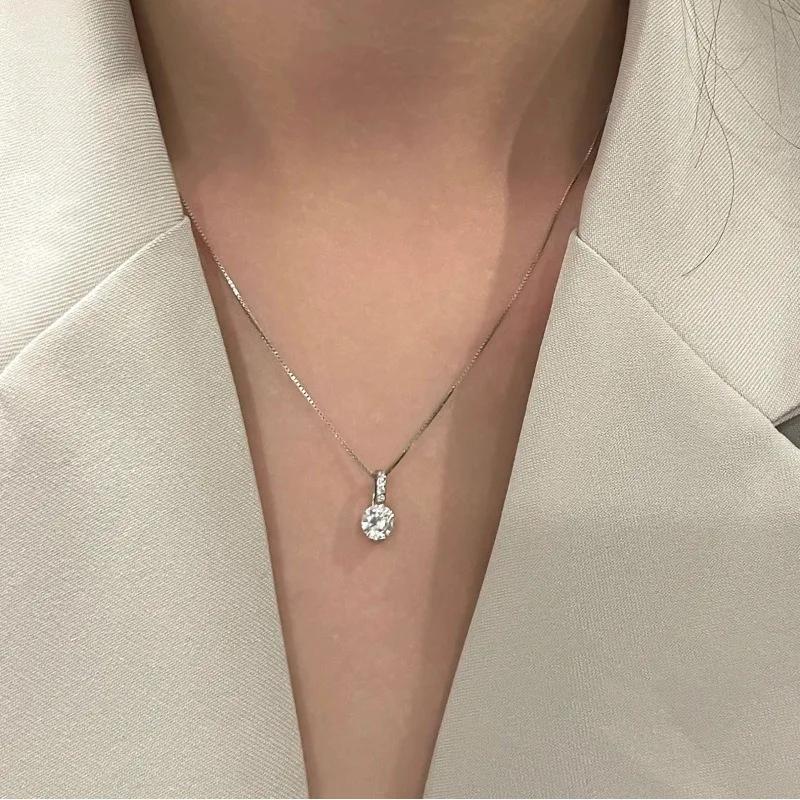 Exquisite Simple Shiny Zircon Pendant Necklace for Women Temperament Silver Color Stainless Steel Crystal Chokers Jewelry Gift