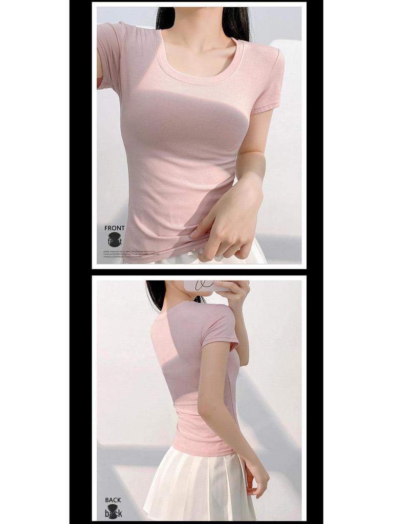 Women's Summer Slim Fit Pink U-Neck T-Shirt - Versatile & Stylish Short Sleeve Top