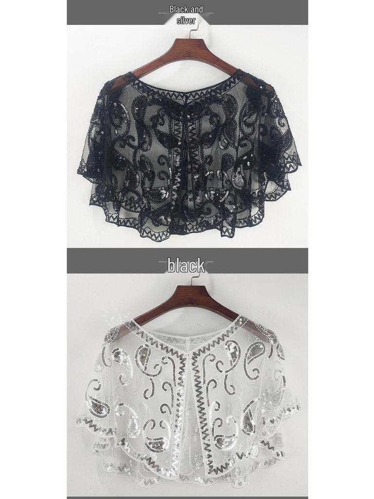 Plus Size Women's Sequin Mesh Shawl - Embroidered Beaded Sleeveless Cardigan & Sunscreen Jacket
