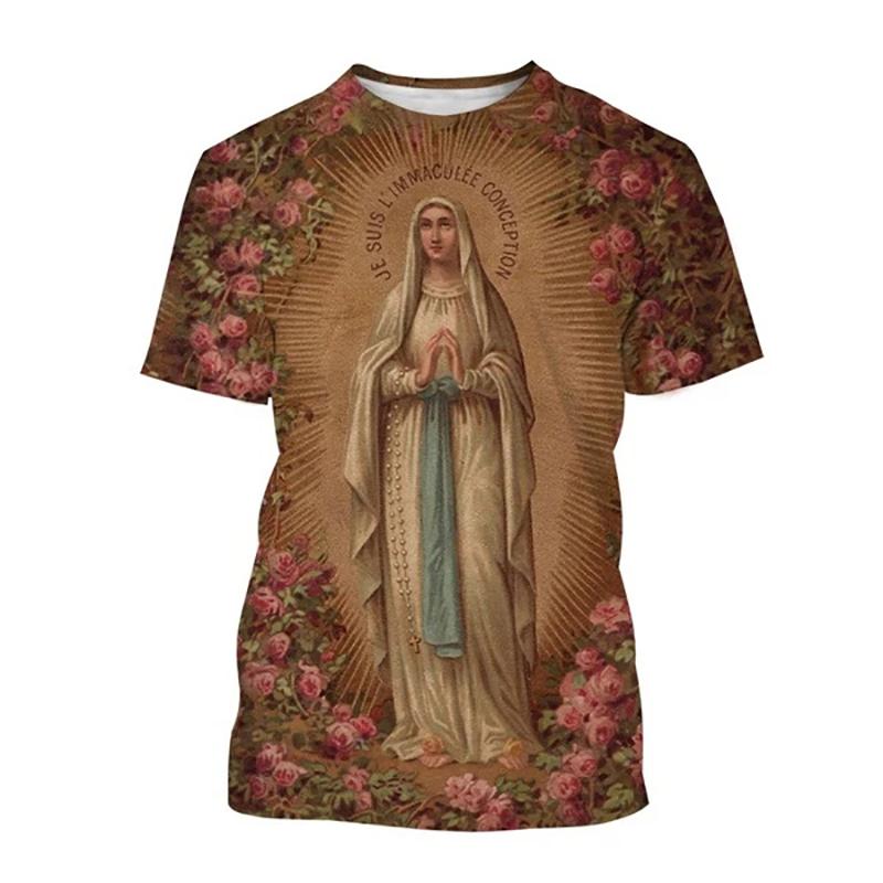 Camiseta 2025 Nuevo Verano Virgen María Estampado 3D Hombres Mujeres Cuello Redondo Manga Corta Camisetas Ropa Urbana Harajuku Camisetas Tops para Niños