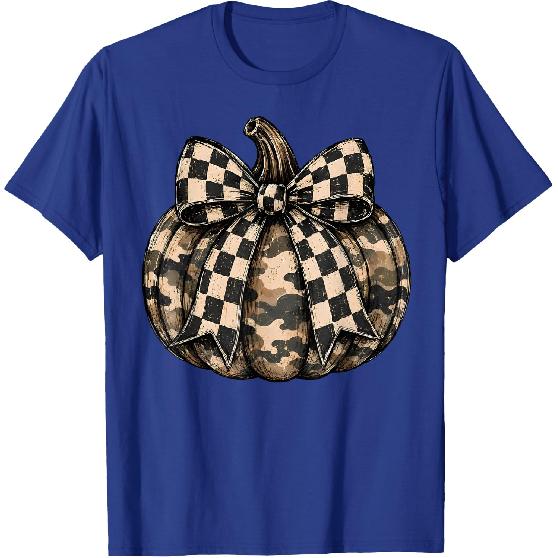 Camo Pumpkin with Checkered Bow Cute Fall Halloween Season T-Shirt