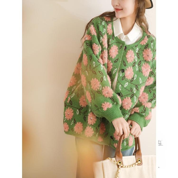 

Green Loose Knitting Sweaters Women Autumn Winter Bat Sweater Flower Cardigan O Neck Print One Size зелёный