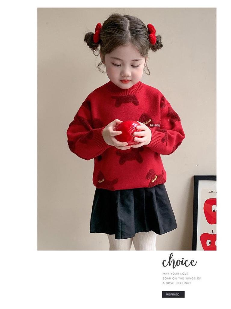 Girls' 2025 Red Cartoon Knit Sweater - Cozy & Stylish Autumn/Winter Top