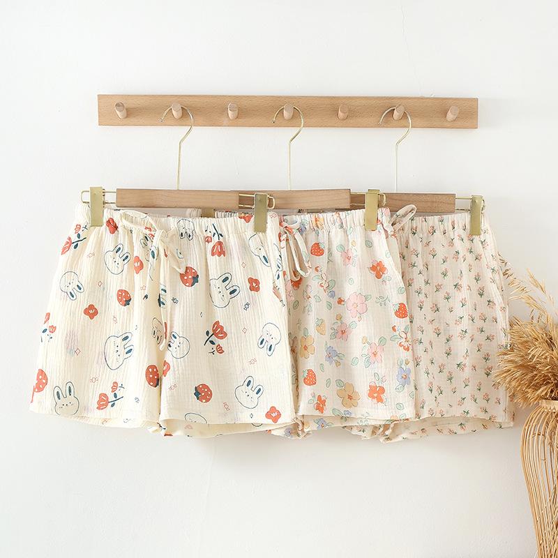 Women's summer pure cotton cotton Japanese printed thin shorts summer pajama pants home pants loose outer wear