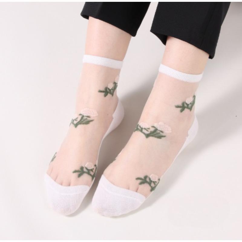 Summer New Style Thin Women's Socks Breathable Ice Silk Flower Crystal Stockings Short Sweat-absorbent Non-slip Cotton Socks Bottom Tube Socks