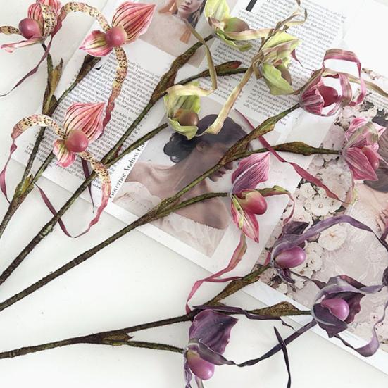Artificial Flower Paphiopedilum Realistic Silk Plastic Petals Flexible Stems Long-Lasting No Watering Fake Orchid Home Decor