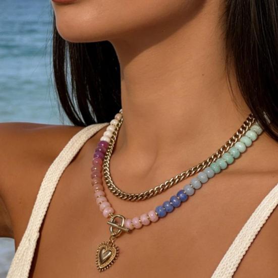Preppy Aesthetic Beaded Necklace Women Layered Necklace, Heart Pendant Colorful Bohemian Choker Jewelry for Summer Beach Party
