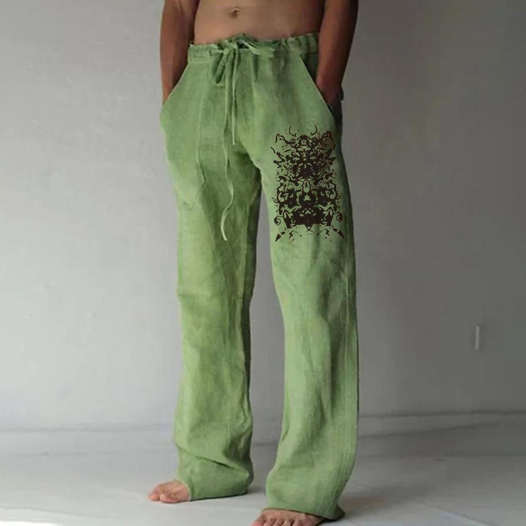 Men's Loose Casual Color Cotton Linen Trousers Elastic Tie Printed Straight Pants