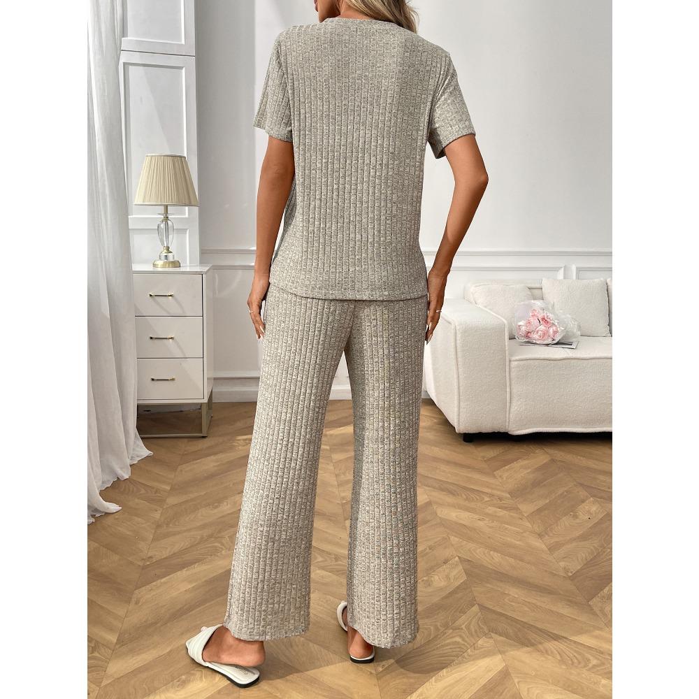 Solid Color Pit Stripe Nightgowns Round Neck Short Sleeve Pants Home Clothes Sets Women's Nightgowns & Sleepshirts