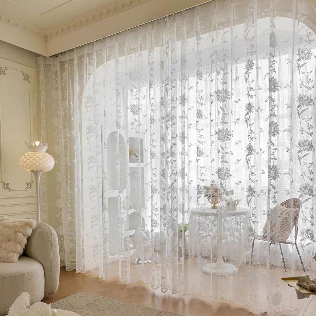 1pc Bohemian Sheer Lace Yarn Curtain Panel with Floral Patterns – Elegant Rod Pocket Window Drapery for Living Room or Bedroom