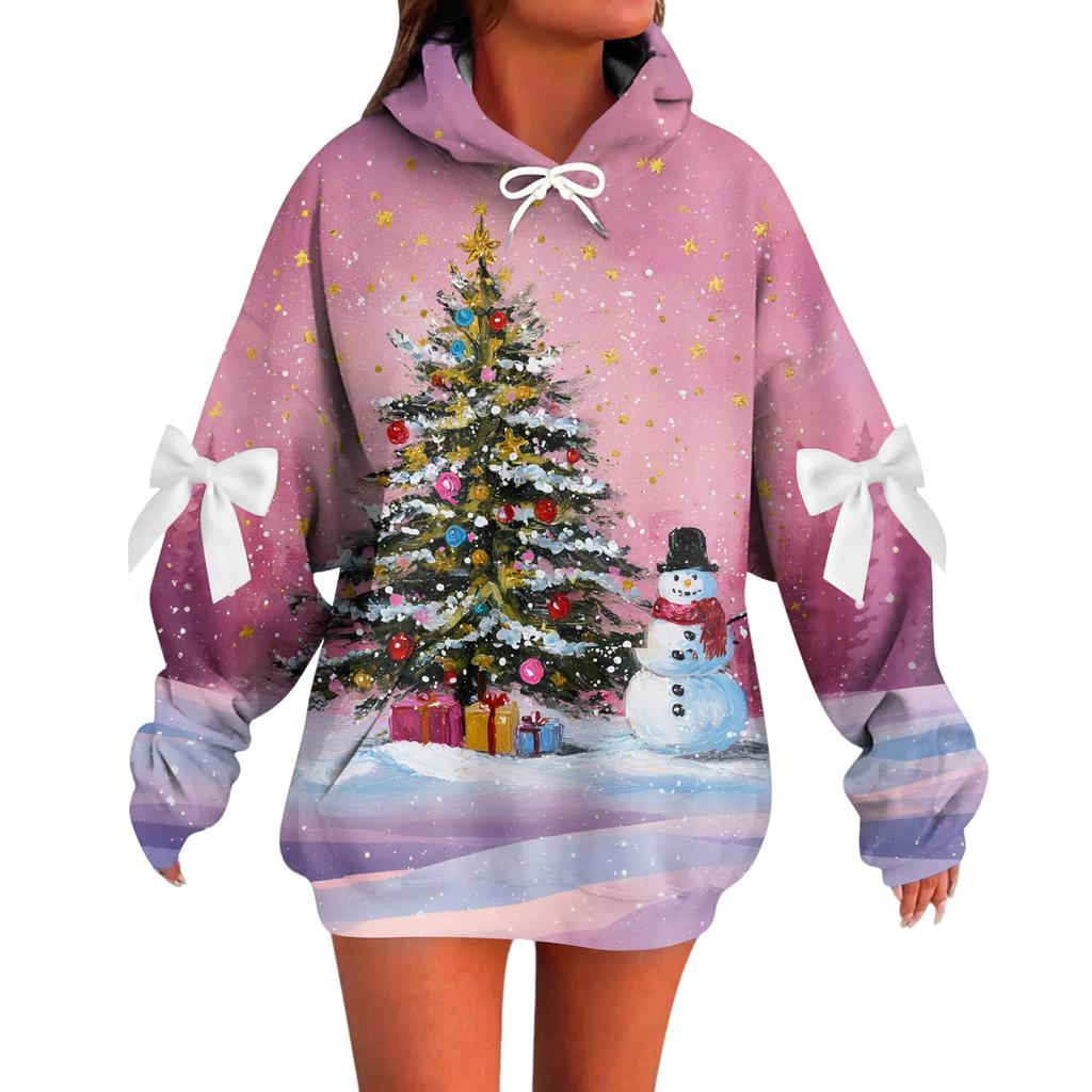 Ladies' Christmas Printed Bow Long Sleeved Loose Fitting Headband With Rope Hooded Sweatshirt Top
